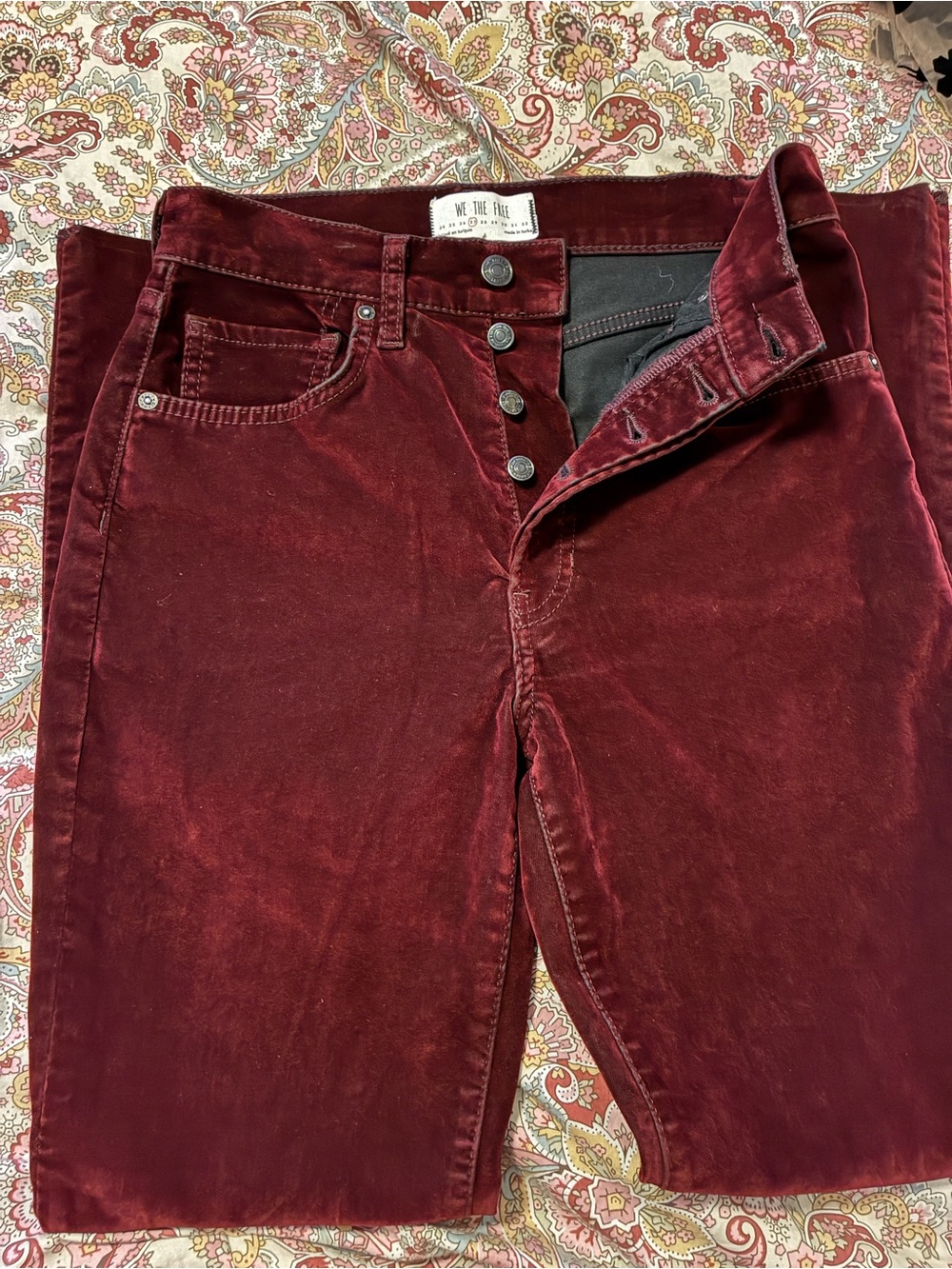 We The Free  Burgundy Stella Velvet Button Fly Skinny Pants Raw Hem